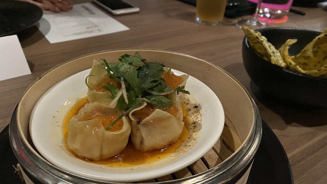 Prawn shu mai with smoked trout roe dumplings in chilli oil and Sichuan salt. Picture: Grace McKinnon