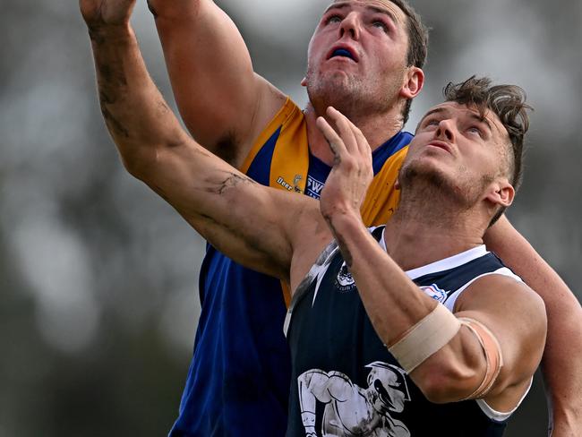 Deer ParkÃs Scott Greenhough and Hoppers CrossingÃs Harley Armstrong-Weston during the WRFL Deer Park v Hoppers Crossing football match in Deer Park, Saturday, April 30, 2022. Picture: Andy Brownbill