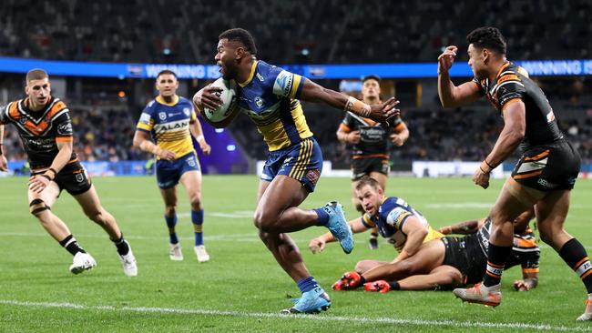 Eels winger Maika Sivo charged over for Parramatta’s second try. Picture: Getty Images