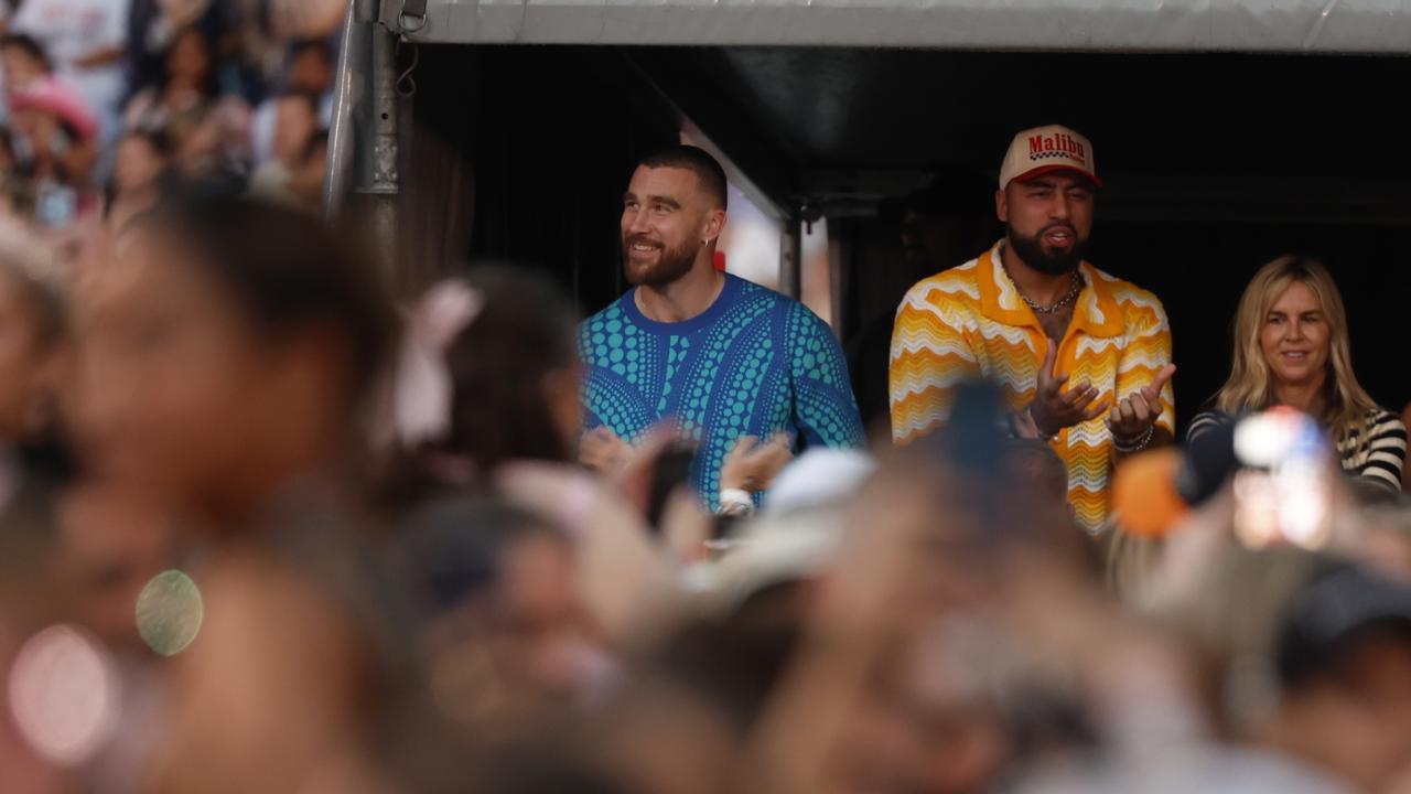 Travis Kelce watching his girlfriend Taylor Swift performing at Accor Stadium at Sydney Olympic Park. Picture: Richard Dobson