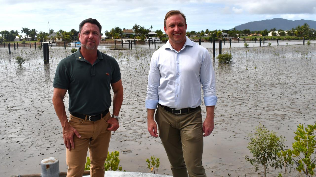 Hinchinbrook MP Nick Dametto and Queensland Premier Steven Miles at the beleaguered Port Hinchinbrook development project in Cardwell on Friday. Picture: Cameron Bates