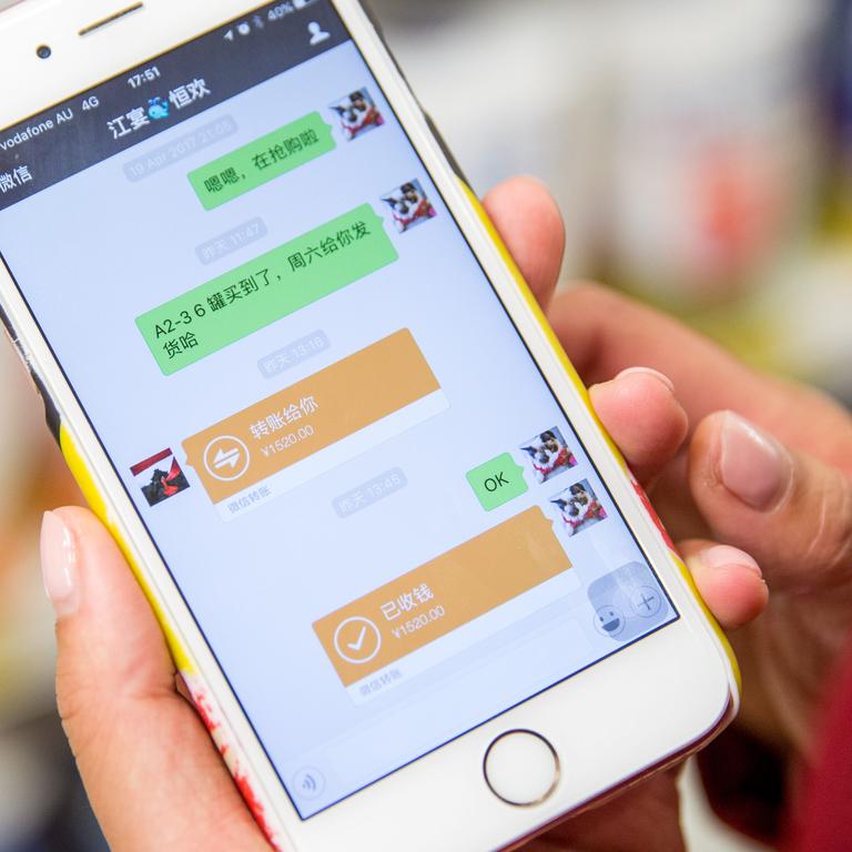 WeChat being used by a “daigou” shopper to communicate with a client in China. Picture: Chloe Smith