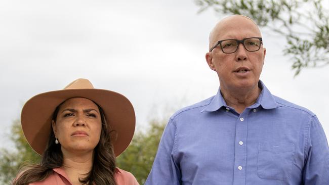 13-04-2023 - Opposition Leader Peter Dutton and Senator Jacinta Price hold a press conference on ANZAC Hill in Alice Springs on Thursday. Picture: Liam Mendes / The Australian