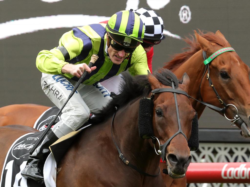 Jockey Mark Zarra rides Ventura Storm to victory in the McCafe Moonee Valley Gold Cup on Cox Plate Day. (AAP Image/Mark Dadswell)