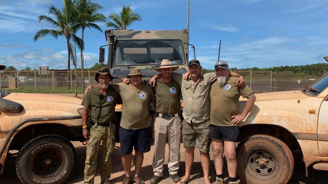 Kapani Warrior volunteers and Army veterans (L-R) Dusty Miller, Dave Harrison, Tim White, Scott Perry and Max Bryant posing for a photo near Aurukun, Queensland. (AAP Image/Supplied by Kapani Warrior)