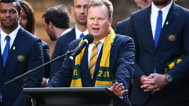 Pictured in Martin Place, Sydney today is ARU CEO Bill Pulver speaking at the Wallabies public farewell before they head off to the Rugby World Cup. Picture: Tim Hunter.