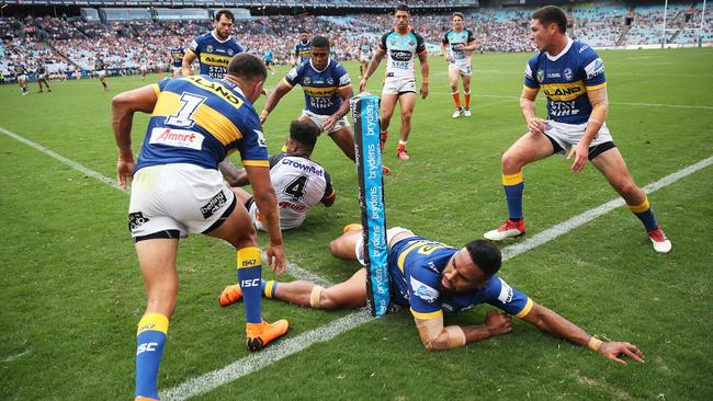 The Eels defence lets Kevin Naiqama in. (Phil Hillyard)