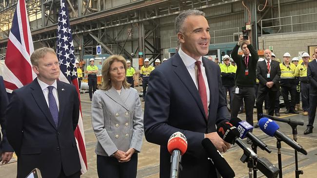 Premier Peter Malinauskas invoked John F. Kennedy in front of the famed President’s daughter at Adelaide’s Osborne Naval Shipyard. Picture: Paul Starick