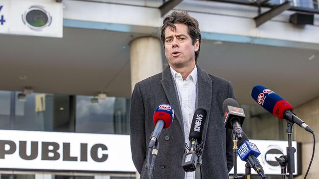 AFL CEO Gillon McLachlan speaks to the media outside the MCG. Picture: Tim Carrafa