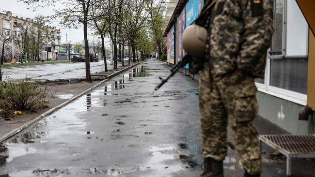 A soldiers stands in a street in Severodonetsk, in eastern Ukraine's Donbass region, on Wednesday. Picture: Ronaldo Schemidt / AFP