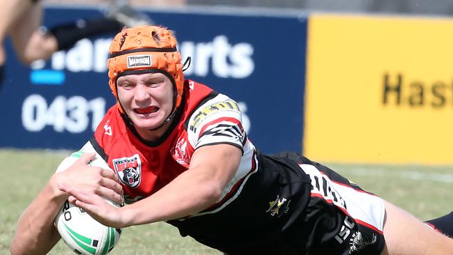 NRL Schoolboys QLD final between Marsden State High School and Kirwan State High School (red) at Langlands Park. Photo of Brad Schneider scoring. 11th September 2019 Coorparoo AAP Image/Richard Gosling