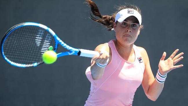 Australia's Kimberly Birrell smashes a forehand during her first round victory over Paula Badosa Gibert. Picture: Mark Stewart