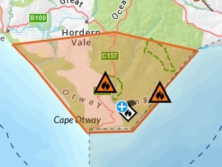 A bushfire broke out at Blanket Bay Rd in Cape Otway on Wednesday morning, with the fire travelling westerly towards Lighthouse Rd. Picture: Victoria Emergency.