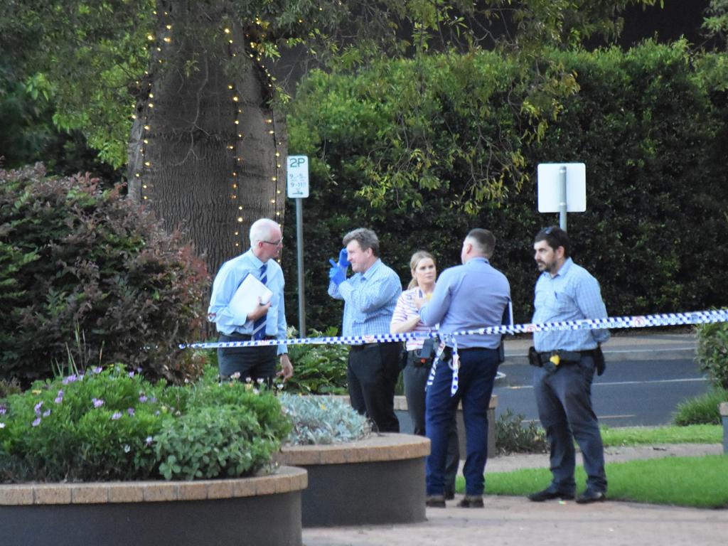 The crime scene after Toowoomba man Robert Brown was pushed and killed while waiting for a taxi at Grand Central Shopping Center in February 2023. Picture: Peta McEachern