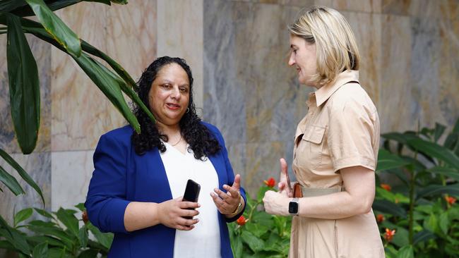 Cairns and Hinterland Hospital and Health Service chief executive Leena Singh speaks with Queensland Health Minister Shannon Fentiman at a major announcement earlier this year. Picture: Brendan Radke