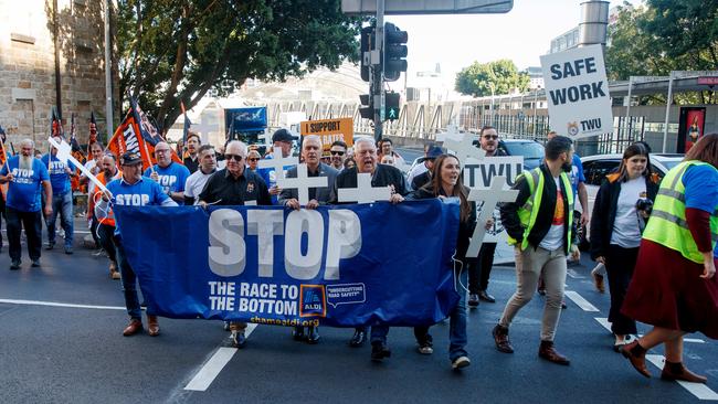 Union members walked from Sydney’s Park Regency to King St. Picture: NCA NewsWire/ Nikki Short