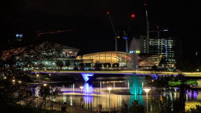 Adelaide’s Riverbank Precinct at night, in February this year. Picture: Matt Turner