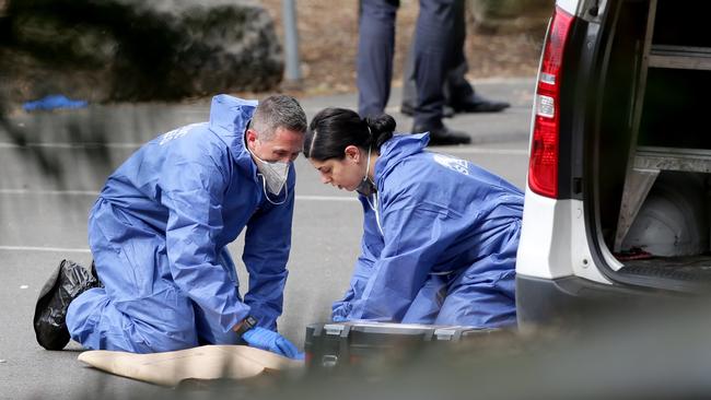 Forensic officers collecting evidence at the scene at Buffalo Creek Reserve. Picture: Jonathan Ng