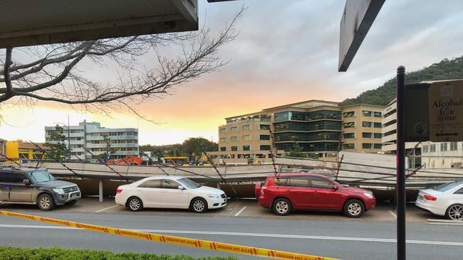 Scaffolding collapse on Mann St in Gosford has seen eight cars and one ute crushed. Picture: Richard Noone