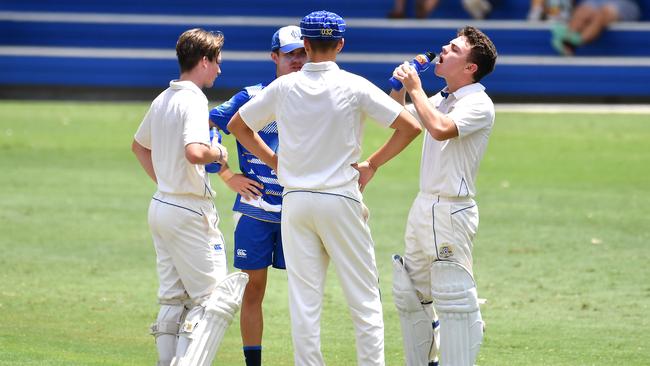 Nudgee takes a break for a drink GPS First XI match between Nudgee College and The Southport School. Saturday January 29, 2022. Picture, John Gass