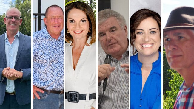 2024 Sunshine Coast Council election mayoral candidates Cr Jason O'Pray, Ashley Robinson OAM, Rosanna Natoli, Michael Burgess, Min Swan, and Wayne Parcell PSM.