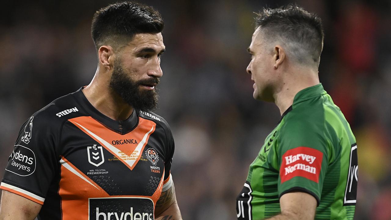 TOWNSVILLE, AUSTRALIA - JULY 24: James Tamou of the Tigers speaks with the referee during the round 19 NRL match between the North Queensland Cowboys and the Wests Tigers at Qld Country Bank Stadium, on July 24, 2022, in Townsville, Australia. (Photo by Ian Hitchcock/Getty Images)