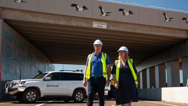 Chief Minister Eva Lawler and Minister Joel Bowden as the first new lanes of the Tiger Brennan Drive and Berrimah Road overpass will open to traffic from Monday April 29, 2024. Picture: Pema Tamang Pakhrin