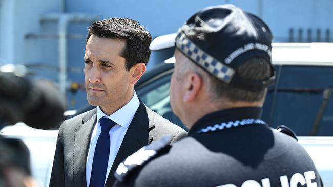 New Queensland Premier David Crisafulli visits Upper Mount Gravatt Police Station in southern Brisbane on Tuesday. Picture: Lyndon Mechielsen/Courier Mail