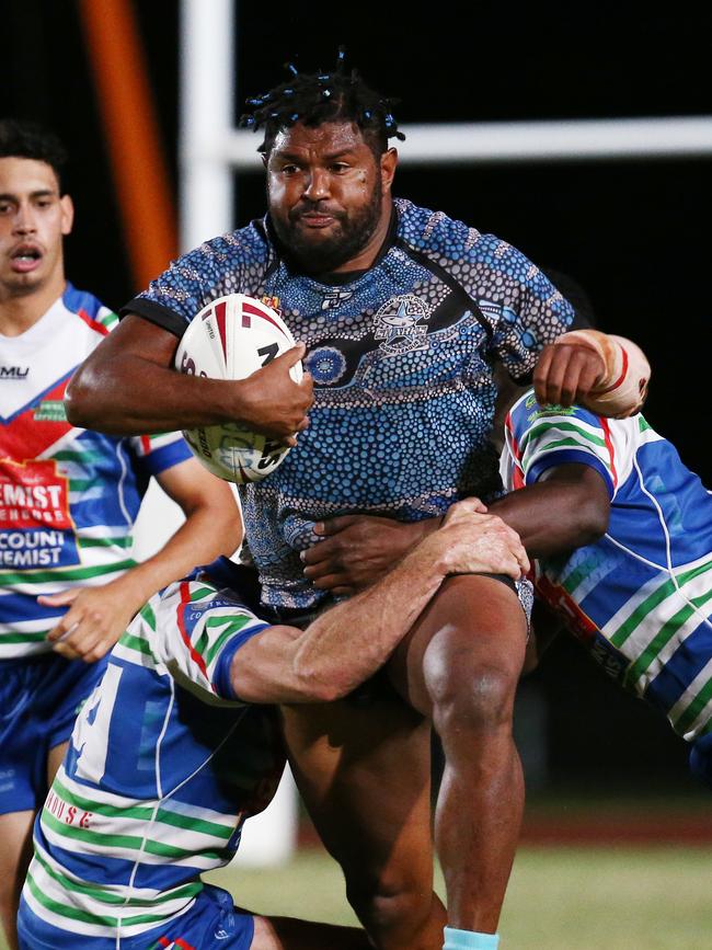 Sharks' Nelson Gibuma pushes his way up the field in the Cairns and District Rugby League (CDRL) grand final match between the Mossman Port Douglas Sharks and the Innisfail Leprechauns, held at Barlow Park. PICTURE: BRENDAN RADKE