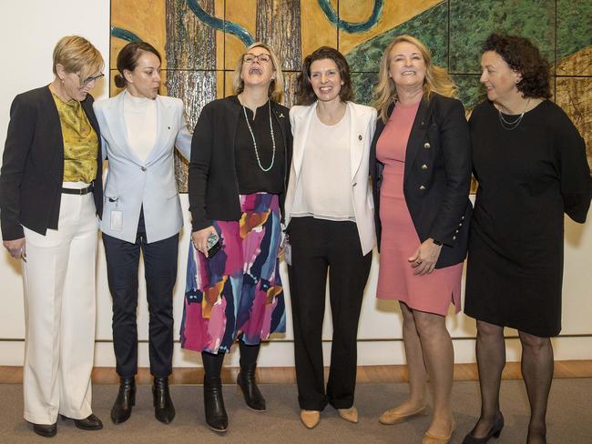 CANBERRA, AUSTRALIA NewsWire Photos - AUGUST 04, 2022: Independents Zali Steggall and other teal independents spoke to media in Parliament House in Canberra. Left to right: Zoe Daniel, Sophie Scamps, Zali Steggall, Allegra Spender, Kylea Tink and Monique Ryan. Picture: NCA NewsWire / Gary Ramage