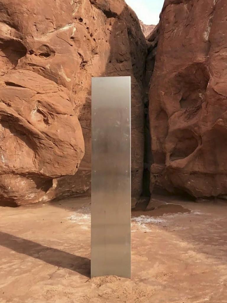 The metal thing is 3-4m tall and embedded in the rock in a remote desert region of Utah, US. Picture: AFP/Utah Department of Public Safety