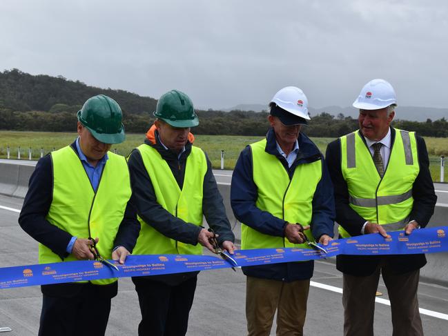 Deputy Prime Minister Michael McCormack pictured Page MP Kevin Hogan, Richmond Vallery Council Mayor Robert Mustow and Ballina Deputy Mayor Eoin Johnston cutting the ceremonial ribon of the new bypass