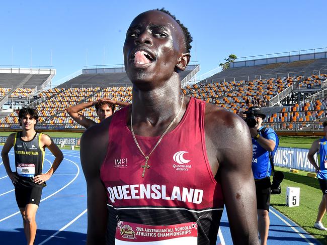 Gout Gout after winning the 200mAustralian All Schools track and field championships in Brisbane. Saturday December 7, 2024. Picture John Gass