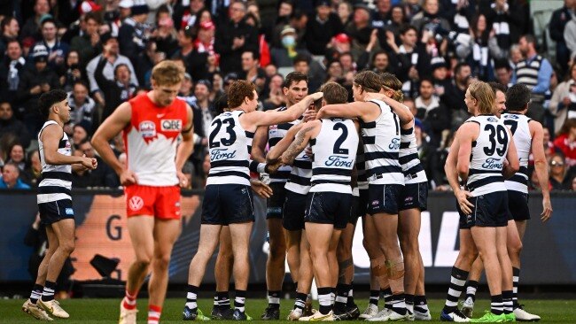 Geelong celebrate Joel Selwood's goal hard. Photo by Daniel Carson/AFL Photos via Getty Images