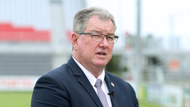 Moreton Bay Mayor Peter Flannery promoting the Brisbane Bronco Alex Glenn's testimonial game against North QLD Cowboys to be played at Dolphin Stadium, Redcliffe. Photographer: Liam Kidston.