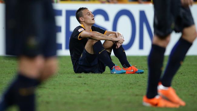 Trent Sainsbury after the loss. The Australian Socceroos vs the Korea Republic at Brisbane Stadium. Pic Peter Wallis