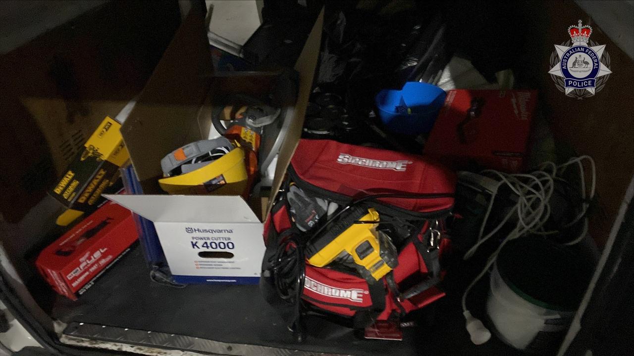 Among the seized items were 15 large sports-style duffel bags, two mobile phones, credit cards, receipts and power tools. Picture: Supplied