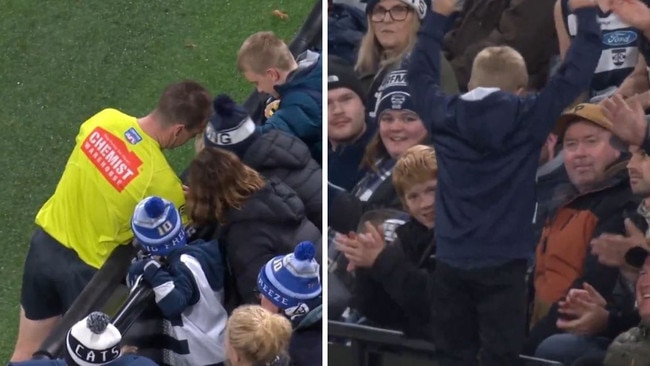 Harry Verfurth rescued the lost Sherrin. Picture: Fox Footy