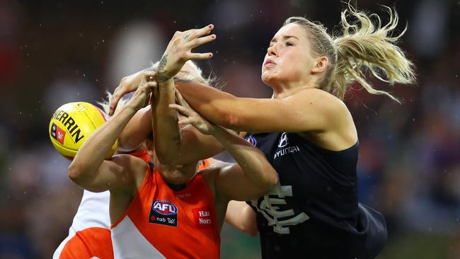 Tayla Harris flies for a mark against GWS. Picture: Getty