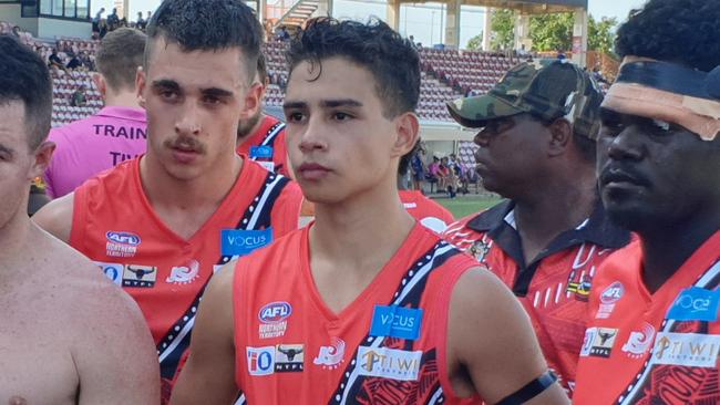 Tyson Tipuamantamerri, the 17-year-old son of coach Shane Tipuamantameri, played his first senior game in Tiwi Bombers colours. Picture: Grey Morris