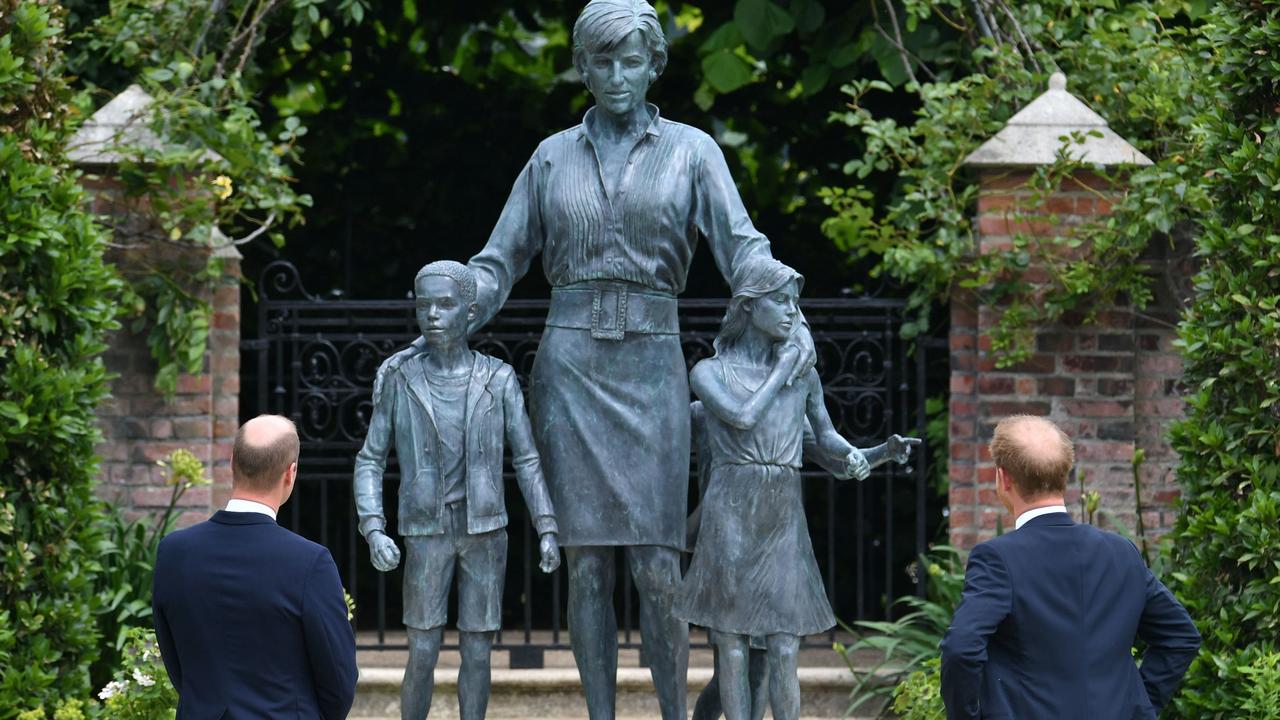 The brothers together at the unveiling of a Diana statue at Kensington Palace. Picture: Dominic Lipinski/Getty Images