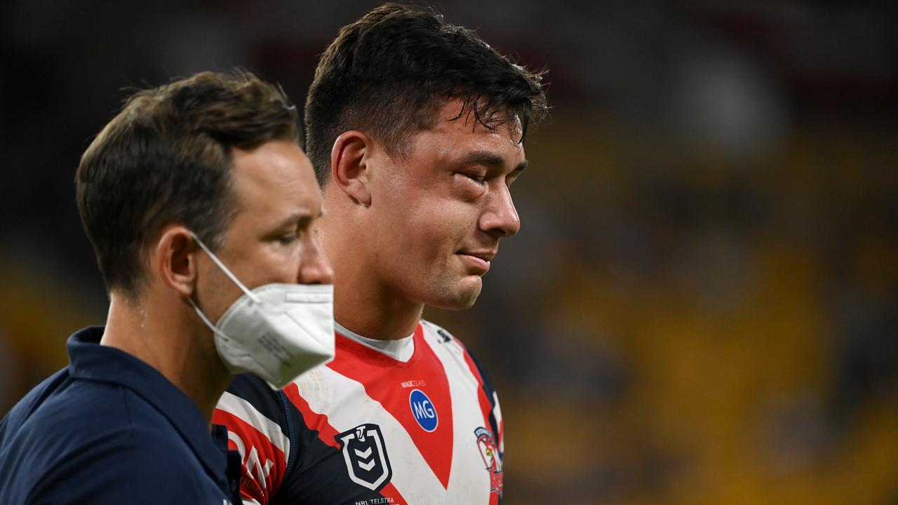 Joey Manu’s face blew up very quickly after the ugly shot from Latrell Mitchell. Picture: NRL Photos.