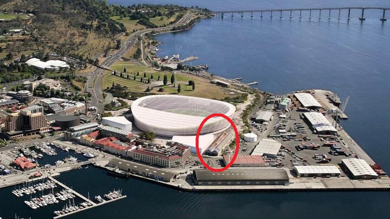 An artist's impression of the Macquarie Point stadium, with the shed highlighted.
