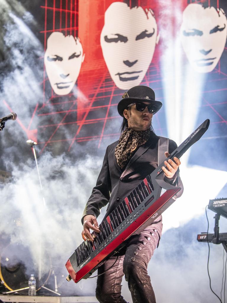 Matty Ray from Pseudo Echo plays keytar at the Toowoomba Carnival of Flowers Festival of Food and Wine. Saturday, September 10, 2022. Picture: Nev Madsen.