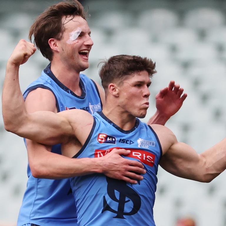 Sturt’s Tom Lewis celebrates a goal during last year’s preliminary final against Adelaide. Picture: David Mariuz/SANFL