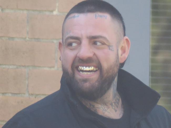 Former Rebels bikie before patching over to the Comanchero, Jesse Vella, 38, of Berkeley Vale, arriving at Wyong Local Court where he pleaded not guilty assaulting and intimidating a man at Chittaway Tavern on June 8, 2024. Picture: NewsLocal