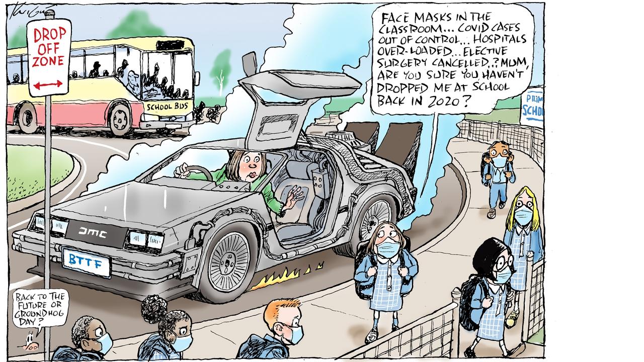Cartoonist Mark Knight has used the famous DeLorean time travelling car from the Back to the Future movie to illustrate Victoria's return to face mask guidelines.