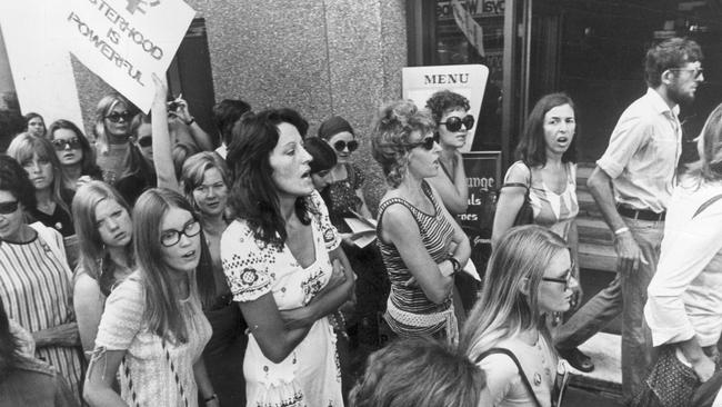 Germaine Greer (centre) was pelted with eggs soon after a colourful protest march by liberationists in Sydney in 1972.