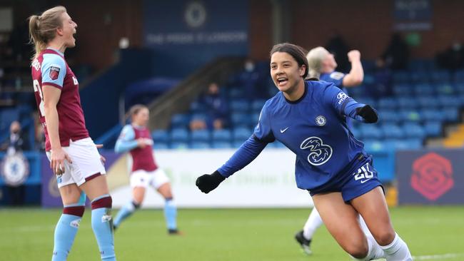 Sam Kerr celebrates a goal for Chelsea.