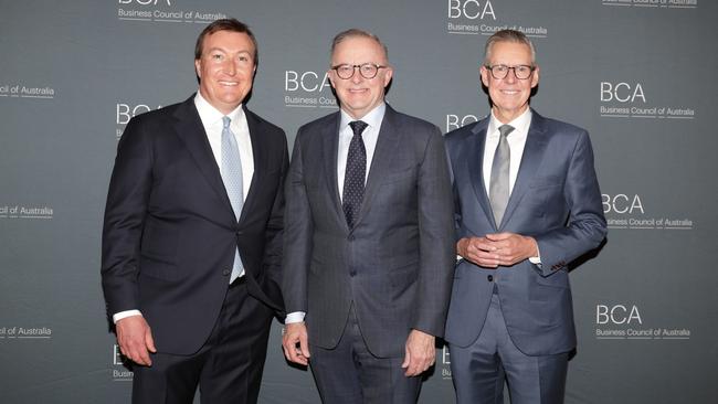 Business Council of Australia chief executive Bran Black, Prime Minister Anthony Albanese and BCA president Geoff Culbert arrive at the BCA’s 2024 annual dinner. Picture: Christian Gilles/NewsWire